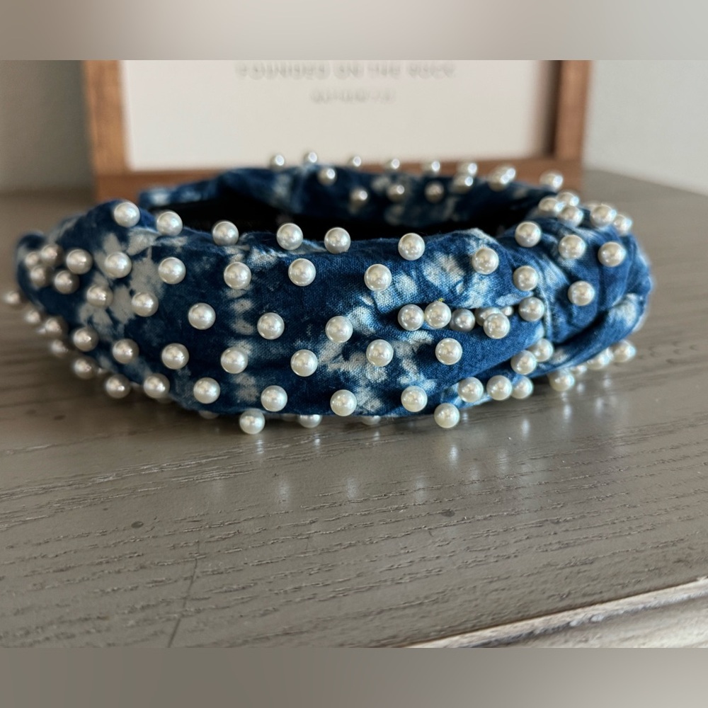 Lele Sadoughi Navy tie die Pearl-Studded Headband